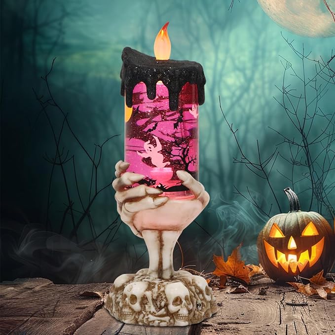DRomance Halloween Snow Globe Flameless Candle with Timer, Battery Operated Tornado Lamp Skeleton Hand Candle Holder Purple Light Glittering Spinning Water Halloween Table Decor(Ghost, 4" x 10")
