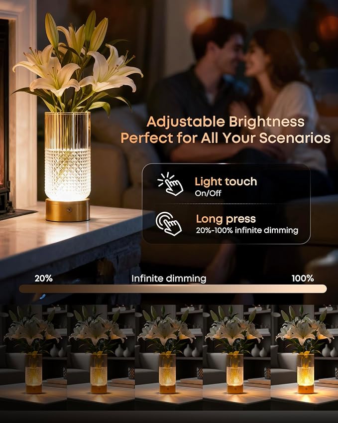 2 in 1 Rechargeable Bedside Lamp & Flower Vase, 3 Color Dimmable Touch Control Cordless Table Lamp, 3600mAh Battery Operated Decorative Lamp for Bedroom Living Room Wedding, Copper Finish