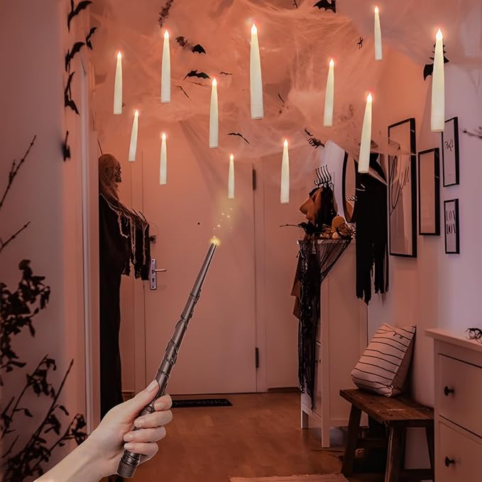 Halloween Decorations - Floating Candles with Wand - 12 Pcs Magic Flickering Warm Light Flameless Floating LED Candle Christmas Decor - Stocking Stuffers for Indoor Classroom Bedroom Party