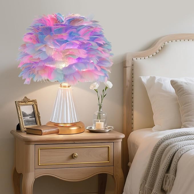 Colorful Feather Table Lamp Cute Ceramic Fluffy Bedside Lamp Princess Furry Nightstand Light Girl Romantic Desk Lamp for Girl Bedroom Living Room Office Nursery Valentines Wedding Decor