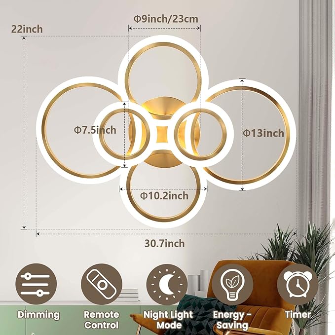Gold Modern Flush Mount Ceiling Light,6 Rings Dimmable LED Modern Ceiling Light Fixture with Remote,Close to Ceiling Lamp for Living Room Bedroom Kitchen Lighting Fixtures Ceiling Mount