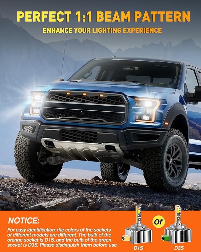 D1S Light Bulbs, 60,000LM 10X Brighter 6500K Cool White, 1:1 D1S HID Bulb size, IP68 Waterproof, 3-Minute Install, 85k Hrs Lifespan, Pack of 2