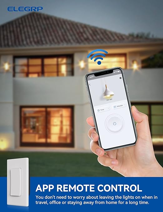 ELEGRP Smart Light Switch, 2.4GHz Wi-Fi Light Switch Compatible with Alexa & Google Assistant, Neutral Wire Required, APP Control and Timer Schedule, UL Certified, Single Pole/3 Way, White, 2 Pack