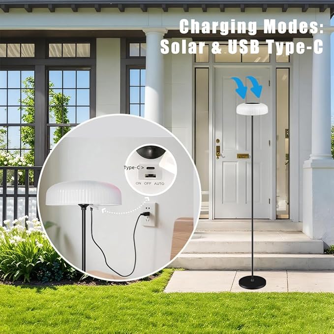 Remote Control Solar Floor Lamp Indoor Outdoor, Cordless IP65 Waterproof Dimmable Touch USB Charging with Metal Stand, Warm/White for Garden Patio