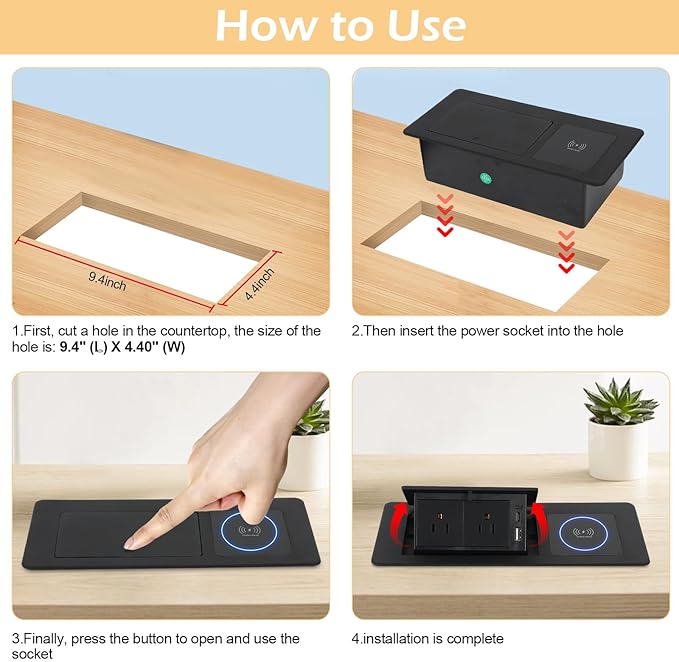 Table Pop Up Outlet Automatic Pop Up Strip Center Countertop Recessed Power Strip with 15W Wireless Charger + USB A + USB C + 2AC 5.9Ft Cord for Conference Desk Office Kitchen (Black-Wireless)