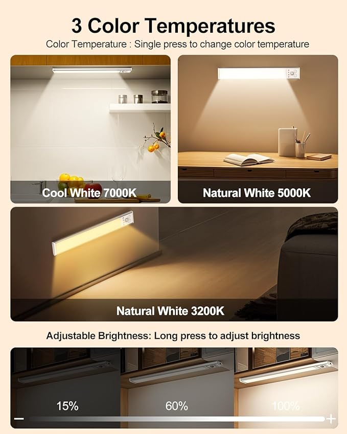 Under Cabinet Lighting, LED Motion Sensor Light Indoor with 3 Color Dimmable, 2500mAh Battery Operated Closet Lights Rechargeable Lamp, Magnetic Under Counter Night Lights Used in Cabinet (16 inches)