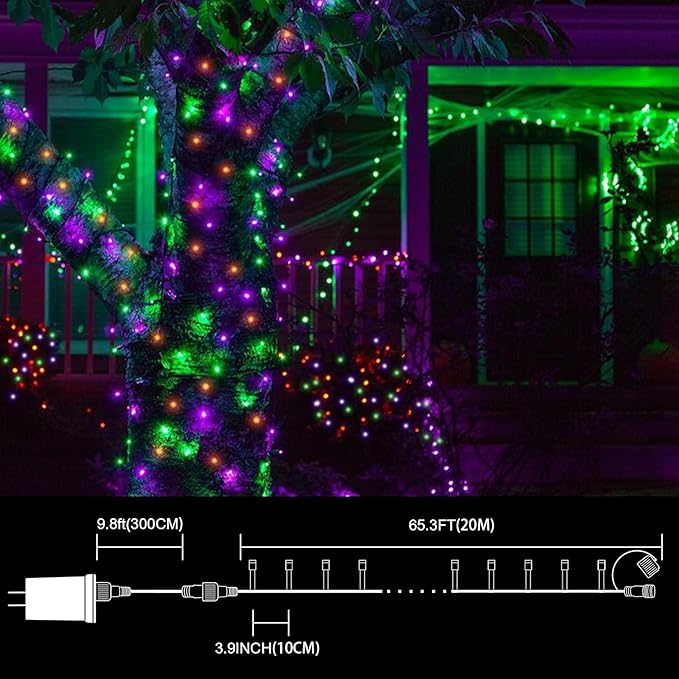 LAMPHOME 66ft Halloween Decorative Mini Lights, 200 LED Brown Wire Fairy Starry String Lights Plug in, 16 Lighting Modes for Halloween Outdoor Party Decoration (Orange/Purple/Green)