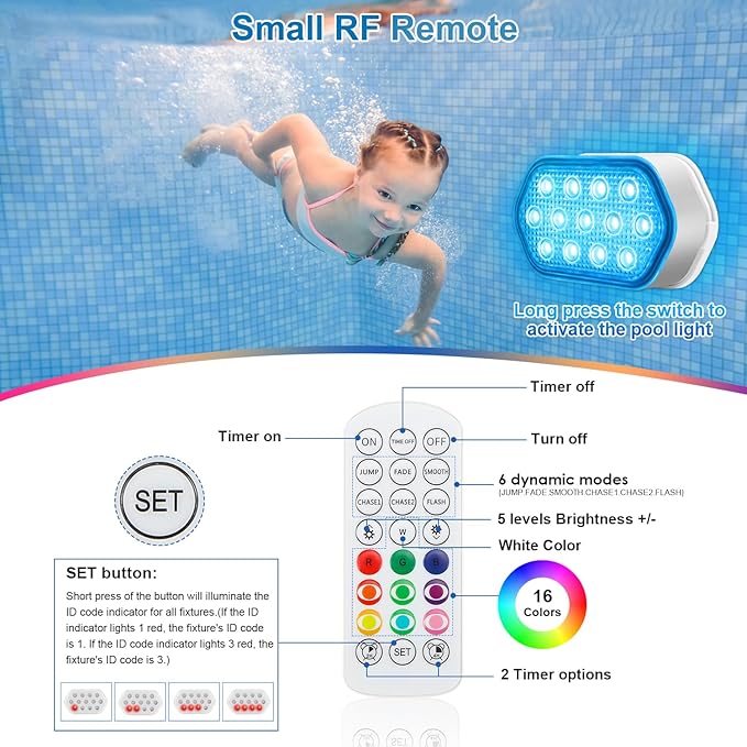 Rechargeable Submersible LED Lights, Pool Lights for Inground Pool, 16 Colors Magnetic IP68 Waterproof Underwater Light, Chase Mode Floating Lights with Rechargeable Remote (8 Pack)