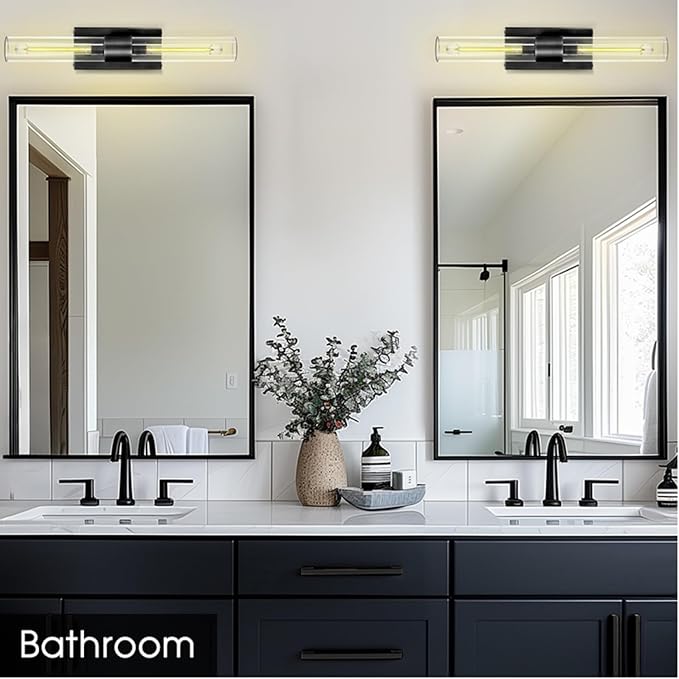 Black Wall Sconces, 22.8" Bathroom Sconces, Sconces Wall Lighting 2-Light, Bronze Wall Sconces Set of Two, Vanity Lights Tube Sconce, Glass Wall Sconce for Living Room, Bedroom, Hallway