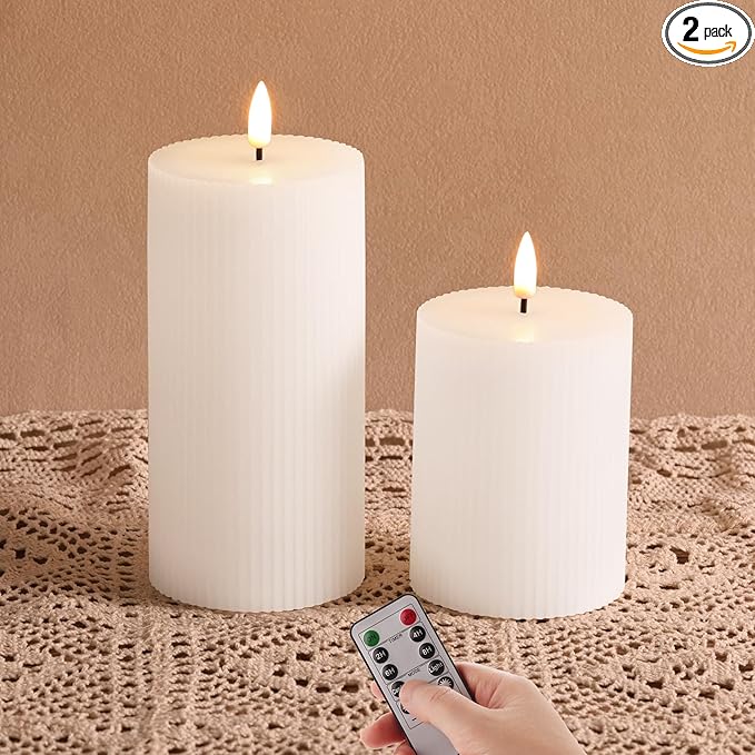 White Ribbed Flameless Pillar Candles with Remote, Flickering LED Wax Candles Battery Operated Set of 2