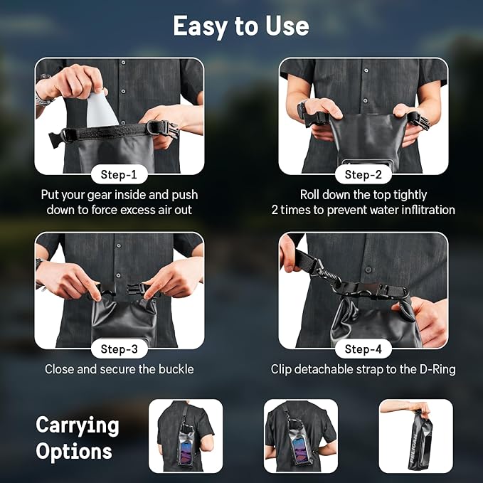 Pelican Marine IP68 Waterproof Dry Bag 2L - Roll Top Waterproof Backpack w/Phone Case/Pouch - Boating & Kayak Accessories - Essentials for Camping Swimming Beach Fishing Rafting Travel - Black