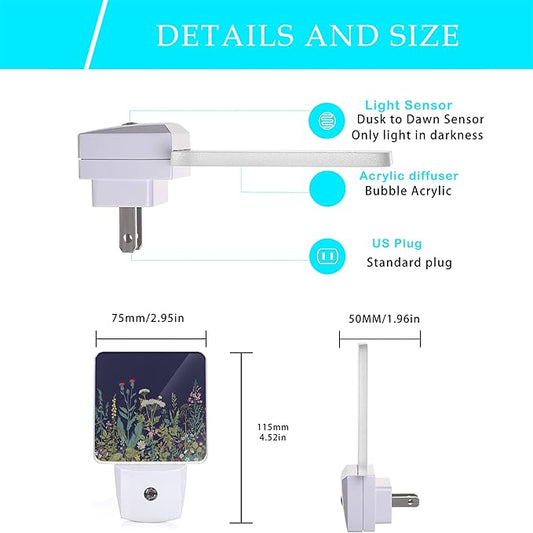 Herbs and Wild Flowers Night Light,Night Lights Plug into Wall 0.5W Sleep Friendly for Boys Girls Led Night Light Dusk to Dawn Sensor Nightlight for Stairway/Hallway/Bedroom