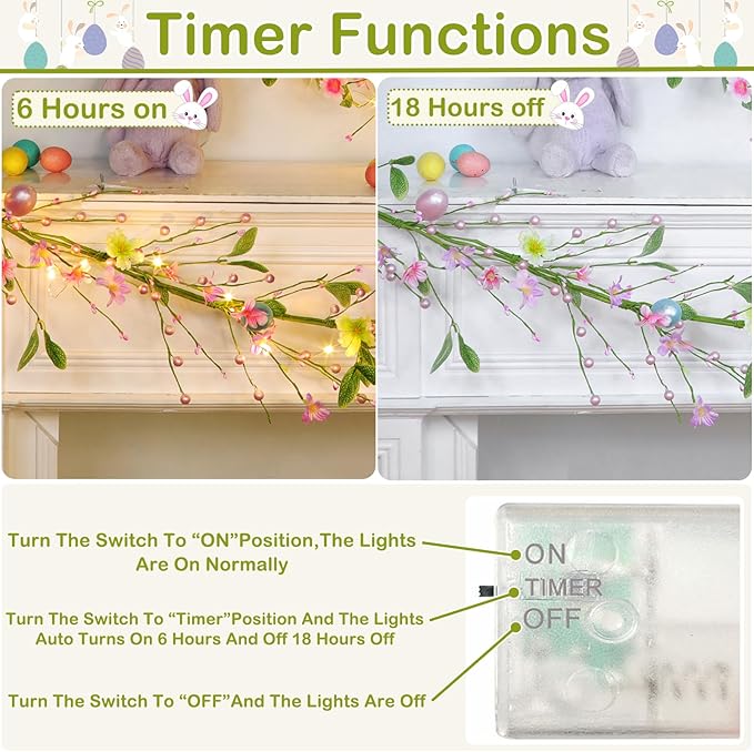 6 Ft Lighted Easter Garland Easter Decorations, Easter Egg Garland with 20 LED Lights Timer Flowers Berried Green Leaves Artificial Spring Garlands Battery Operated for Home Table Mantle Holiday Decor