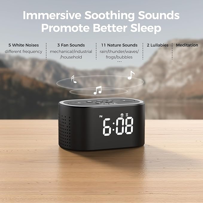 Reacher Digital Alarm Clock & White Noise Sound Machine, 21 Soothing Sounds, 7 Wake Up Sounds, 8 Night Lights, 32-Level Volume, 9 Sleep Timer, Memory Function for Kid, Adult, Bedroom, Nightstand
