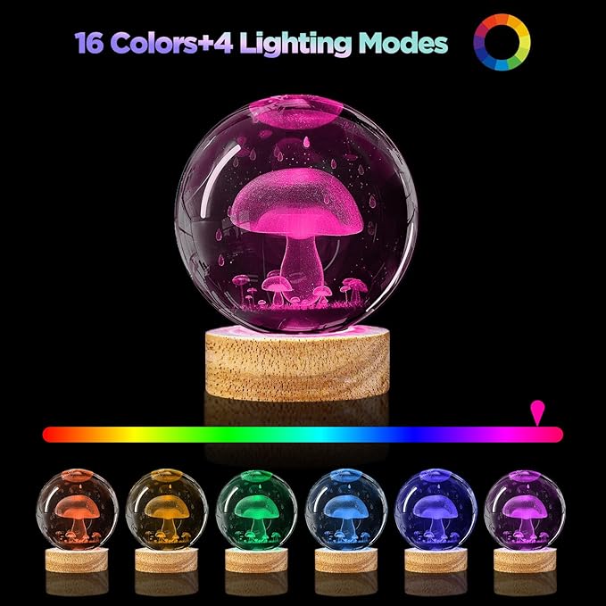 3D Mushroom Crystal Ball Night Light,3.15in k9 Crystal Ball Lamp with 16 Colors Change,Wooden Base and Remote Control Mushroom Decor Gifts for Kids