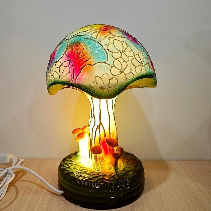 Painting Mushroom Table Lamp, 7.9Inch New Stained Glass Plant Night Light,Bohemian Resin Mushroom Decorative Bedside Lamp for Bedroom Living Room Home Office Decor Gift (M)