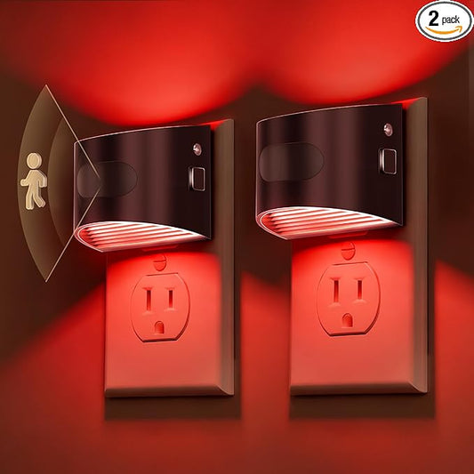 L LOHAS LED Night Light with Motion Sensor & Dusk to Dawn Sensor, Night Lights Plug into Wall with 30-100lm Adjustable Brightness, Dimmable Night Light for Bathroom Hallway, Red, 2 Pack