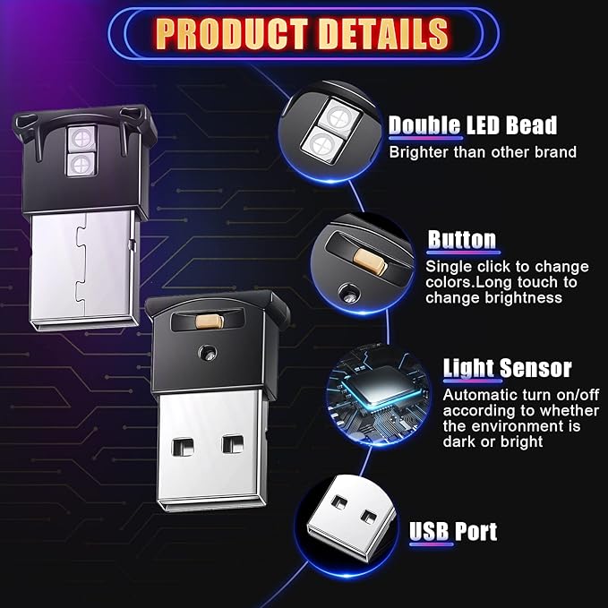 Frienda 2 Pieces Mini USB LED Light, Car LED Interior Lighting 5v Smart USB Atmosphere Light, Laptop Keyboard Office Decoration Night Lamp, Adjustable Brightness, 8 Colors