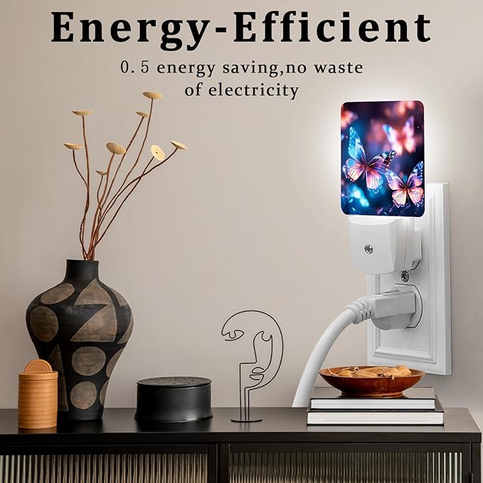 Blue Butterfly Night Light, Plug-into Wall Glitter Nightlight Lamp with Dusk to Dawn Sensor, Led Lamp 0.5W Energy Efficient for Boys Girls Adults Home Decor