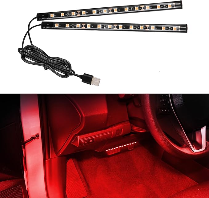 Wuyaoyao Car LED Strip Light, 12V 24 LED Vehicle Interior Atmosphere Lamps with USB Port, Auto Under Dash Ambient Night Light, Universal Car Accessories (Red, USB)