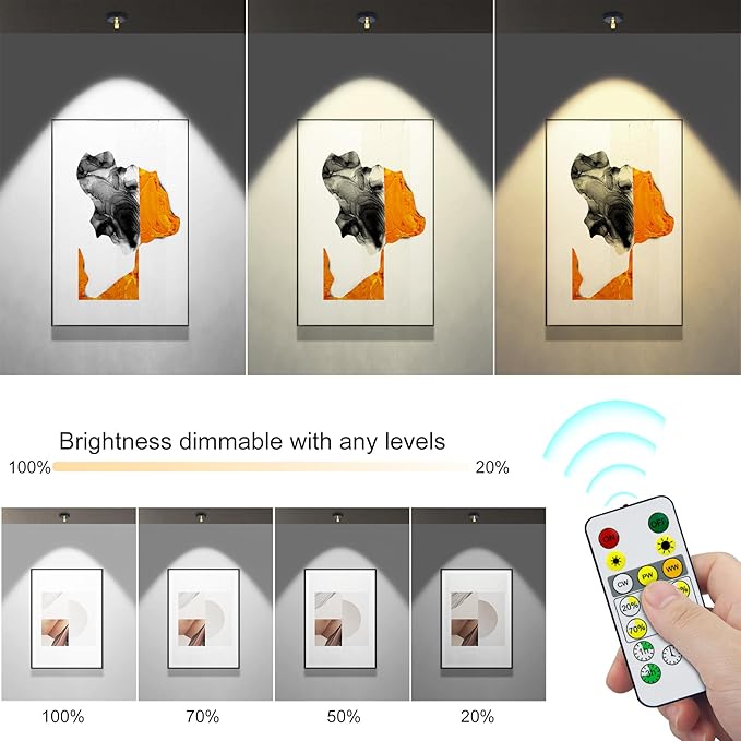 Rechargeable Wireless Battery Spotlight Indoor for Plant Trees at Home Remote Control with 3 Colors Lighitng Mini Dimmable Uplight Led Accent Wall Spot for Pictue Painting Light with Timer-off