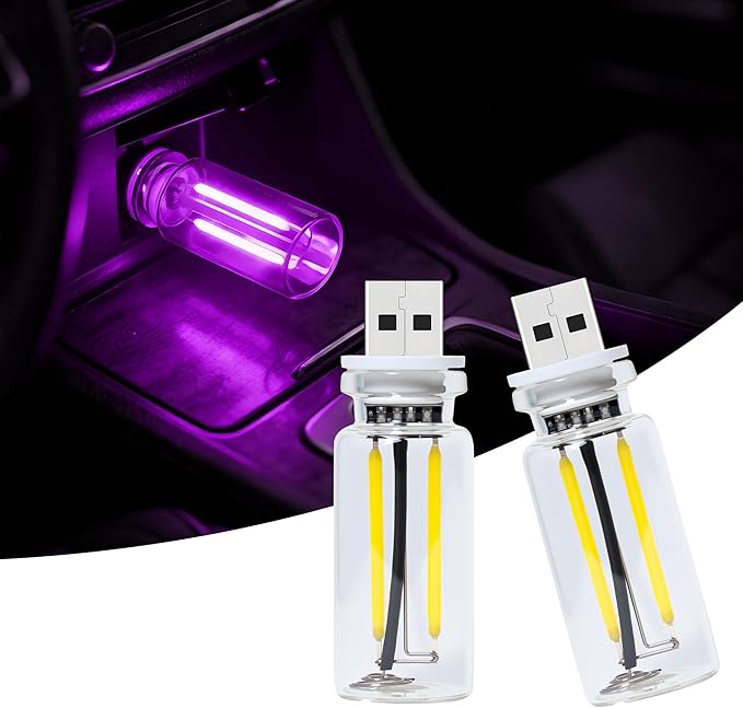 Car USB Night Light Touch Dimmable - 2-Pack Retro LED Filament Lamp for Truck Interior, Bedroom & Camping | Glass Bottle Ambiance Lighting (Purple)