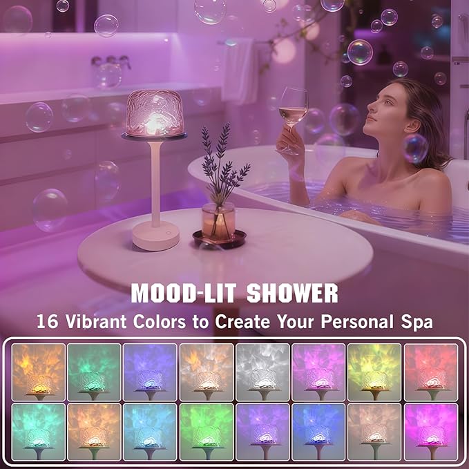 Cordless Waterproof Shower Lamp, Rechargeable Bathroom Lamp with Remote & Touch Control 16 Color Changeable Ocean Wave Projector Light, Spa-Like Mood Light for Bathtub/Shower (Beige)