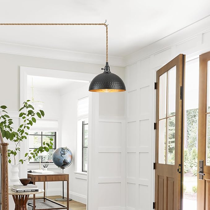 Plug in Pendant Lights Hammered Dome Hanging Lamp with Dimmable Switch 15 Ft Long Hemp Rope Farmhouse Pndant Light Cord Lighting Fixture DIY Hanging Light