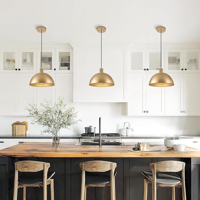 12 Inch Gold Dome Pendant Lights 3 Pack for Kitchen Island, Height Adjustable Farmhouse Industrial Hanging Light Fixtures Over Table for Dining Room, Entryway