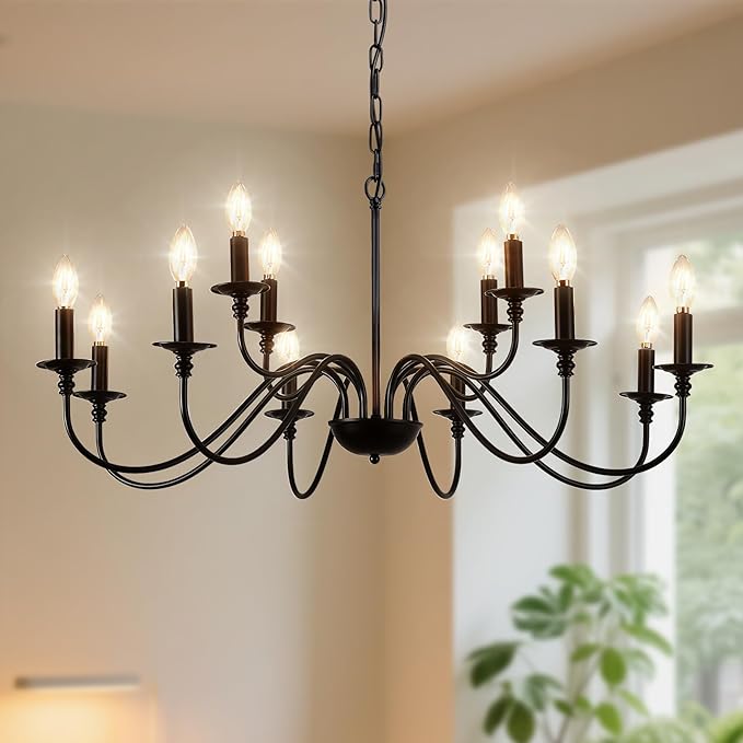 Depuley Farmhouse Chandelier for Dining Room: Antique 12-Light Candle Chandelier Industrial Hanging Ceiling Light Fixture for Kitchen - Black Rustic Vintage Iron Chandeliers for Living Room