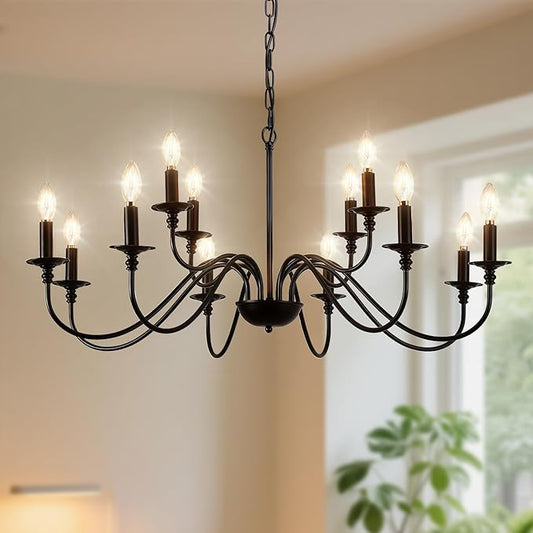 Depuley Farmhouse Chandelier for Dining Room: Antique 12-Light Candle Chandelier Industrial Hanging Ceiling Light Fixture for Kitchen - Black Rustic Vintage Iron Chandeliers for Living Room
