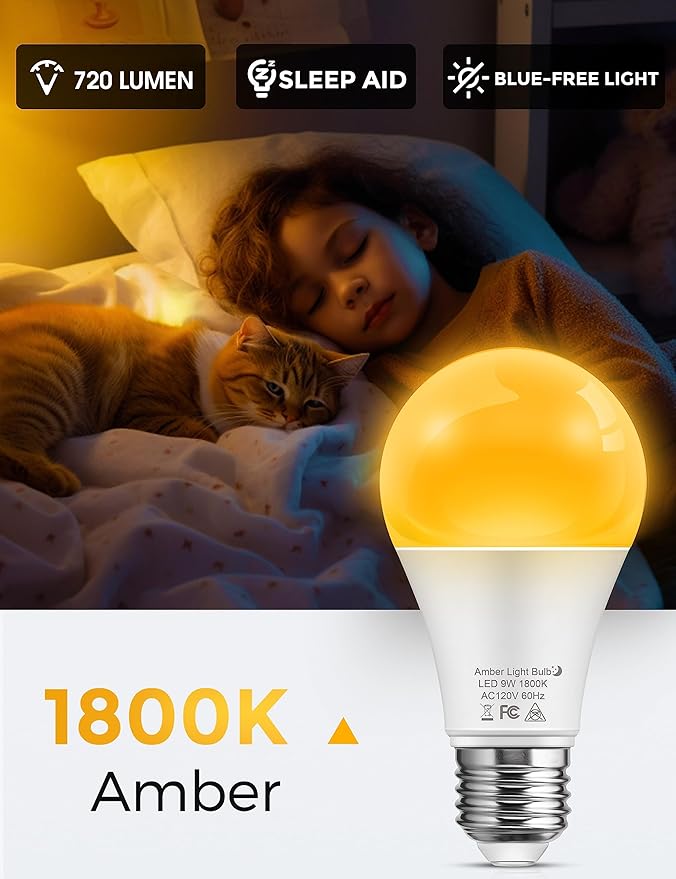 L LOHAS LED Sleep aid Amber Light Bulbs, Blue Light Blocking, A19 9W(60 Watt Equivalent) Dim Light Bulbs, 1800K Warm Light Bulb, E26 Base, 2 Pack