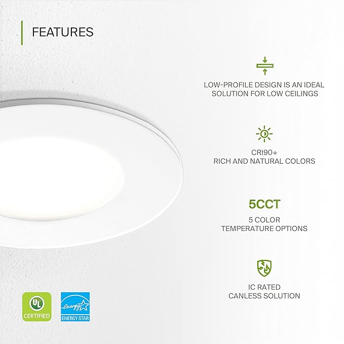 ASD 6 Pack 3 Inch LED Recessed Light 6W, 5 CCT 2700K-5000K CRI90+, IC Rated Ultra Thin Dimmable Ceiling Lights with J Box, Canless Wafer Downlight, Round Slim Panel Lighting, UL Energy Star, White
