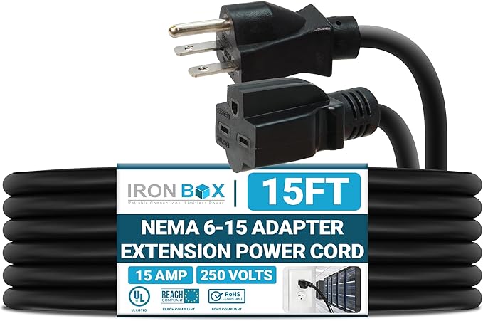 IronBox Electric - NEMA 6-15 Adapter Extension Power Cord - Rated for 15A/250V - 14 AWG Jacket - Heavy Duty Extension Cable - Weatherproof Design - Ideal for Indoor and Outdoor Use (15 feet, Molded)