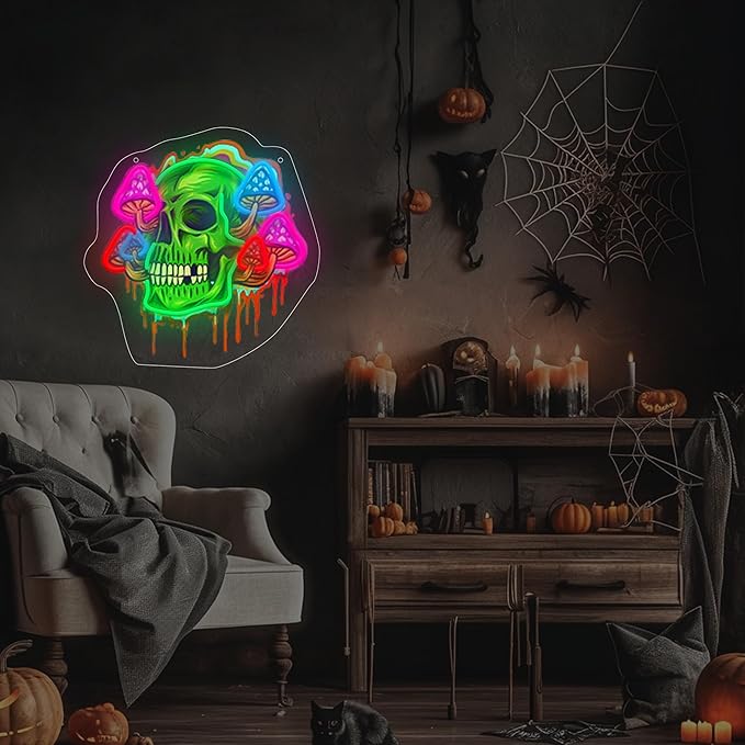 Psychedelic Skull Neon Sign with Printed Backboard, LED Neon Wall Art with Colorful Mushrooms for Man Cave, Bar, Game Room & Studio Decor, USB Powered Birthday Holiday gifts