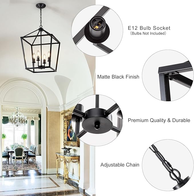 15.75" Black Farmhouse Chandelier for Dining Room, 4-Light Lantern Pendant Light Fixture Industrial Vintage Iron Cage Hanging Light for Entryway Kitchen Island Foyer