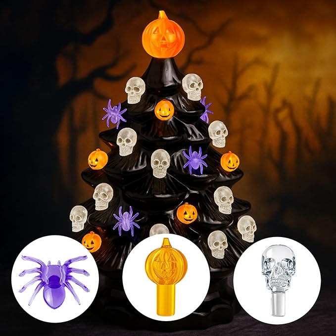 Halloween Ceramic Tree Replacement Light Bulbs Set, Halloween Themed, 117Pcs Skull/Pumpkin Head/Spider Ceramic Tree Replacement Bulbs and 1 Bat/Triple Pumpkin/Ghost Top Trim
