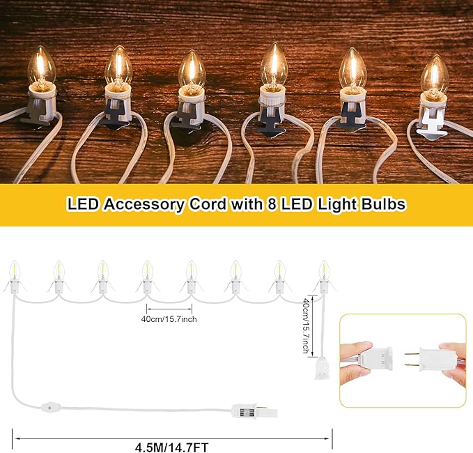 1Pack Accessory Cord with 8LED Light Bulbs and Outlet Christmas Village Light 14.7FT White Cord with Spare Fuse Warm White C7 Lamp Christmas Village Accessories for Village Houses Craft Decoration
