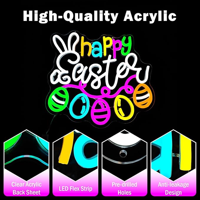 Happy Easter Neon Sign Dimmable Flashing Easter Eggs Led Sign Bunny Shape Spring Neon Light Multicolor Eggs Neon Window Lights for Party Home Decor