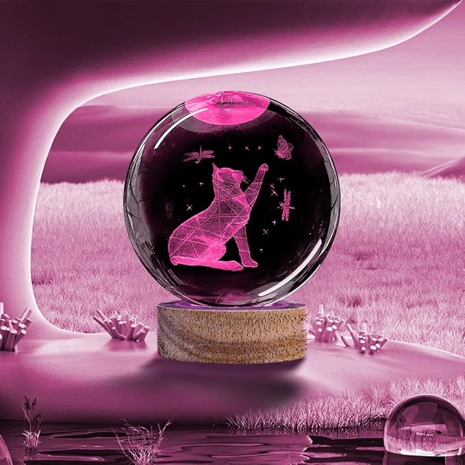 3D Cat Crystal Ball Night Light with Woodern Base, 3.15" Cat Figurines Glass Lamp with 16 Colors Cat Snow Globes Cool Desk Decor Cat Gifts for Women Girl Cat Lovers Kids Friends