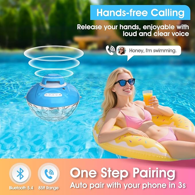 Blufree Bluetooth Pool Speaker w/Colorful Pool Fountain Light, 3 in 1 Floating Pool Speaker Loud Sound, IP68 Waterproof Floating Hot Tub Speakers, Bluetooth 5.4, 24H Playtime Pool Wireless Speakers