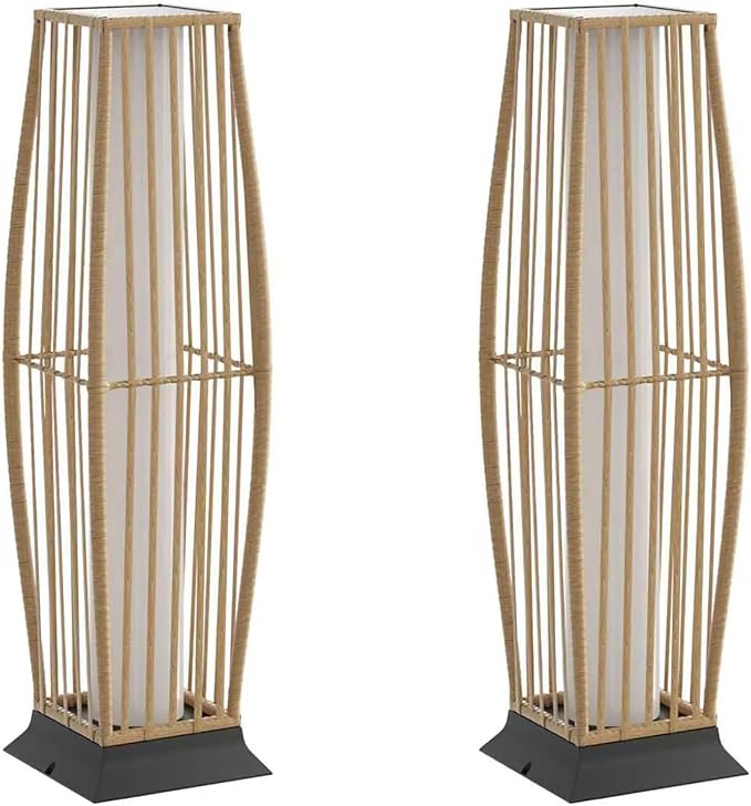 Rattan Outdoor Floor Lamp Set of 2, Boho Solar Porch Lights Outdoor Waterproof for Patio, Garden, Balcony & Deck, Natural (Vertical)