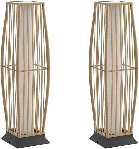 Rattan Outdoor Floor Lamp Set of 2, Boho Solar Porch Lights Outdoor Waterproof for Patio, Garden, Balcony & Deck, Natural (Vertical)