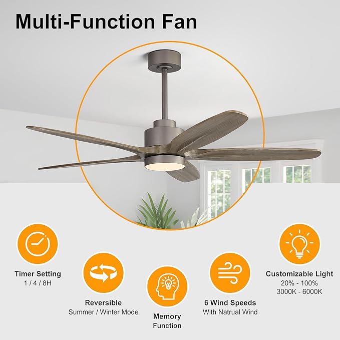WINGBO 54" Ceiling Fan with Light - 5 Carved Solid Wood Blades, 6-Speed Reversible DC Motor, Dimmable, 3CCT, Noiseless Remote Control Ceiling Fans with Lights for Bedroom Living Room, Charcoal Gray
