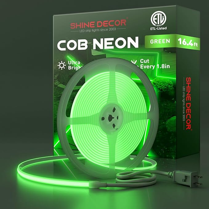 Shine Decor COB LED Rope Light AC 120V, 800lm Ultra Bright, IP65 Waterproof Cold-Resistant ETL Neon Strip, No Driver Tape Lighting for Home Commercial 10x4.5mm, Green, 16.4ft
