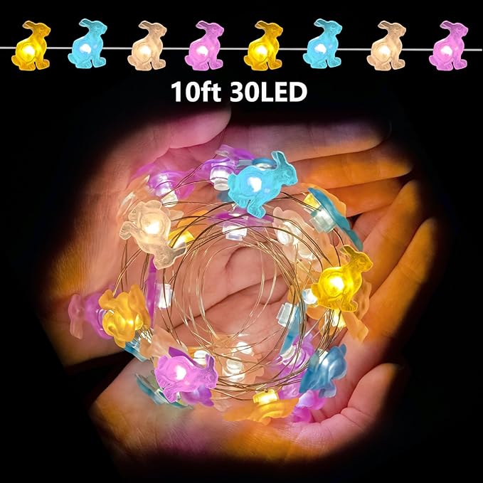 EXF Easter Decorations Bunny Pastel Fairy Lights, Battery Operated with Remote & 8 Modes & Timer, Waterproof Easter String Lights for Indoor Spring Themed Party Decor (Multi Color)