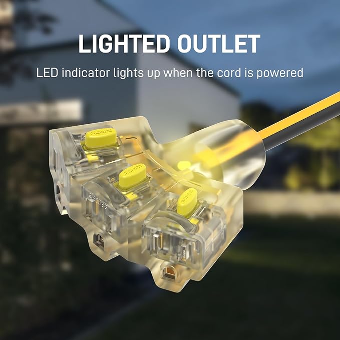 100FT Outdoor Extension Cord with Multiple Outlets, 12/3 Gauge Heavy Duty, 15A 1875W, 3 Prong with LED Light & Locking Plug, Weather Resistant, ETL Certified for Lawn Mower, Tools, Christmas Lights
