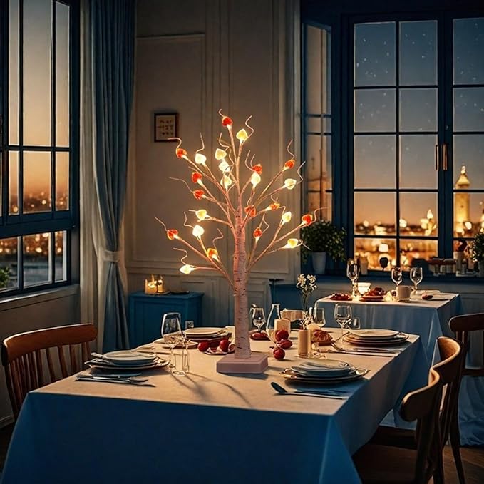 Tabletop Mini Tree Light 23.6Inch Height Artificial Lamp with 24Pcs Led Heart and Timer Dimmable White Birch Twinkle Fairy Tree Lamp 3 AA Battery or USB Powered for Girls Bedroom Decor