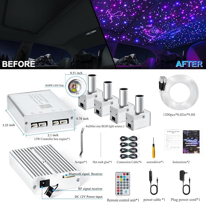 4 Colors 12W Car Starlight Headliner Kit 1200pcs*0.02in*9.8ft with APP&RF Remote,RGBW Fiber Optic Strands Star Roof Lights,4 Port Engine Sound Activated Ceiling Star Lights for Home/Car Decor