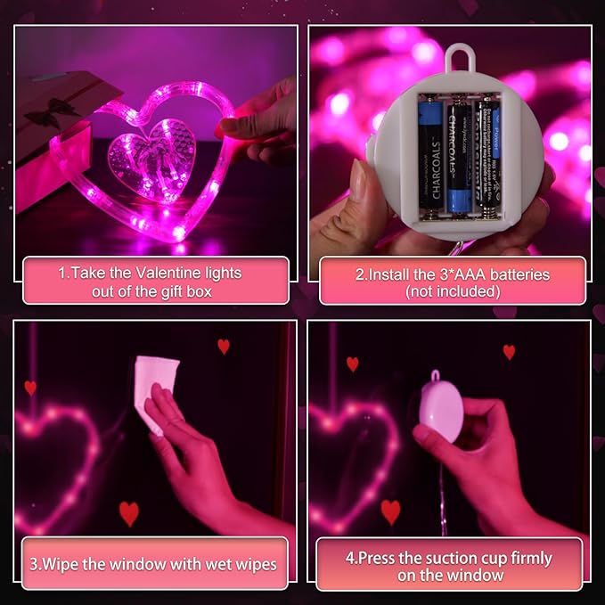 3 Pack Valentines Day Window Lights Decorations with Timer, Battery Powered Hanging Pink Lighted Heart Shaped Sucker LED Lamp for Indoor Home Decor